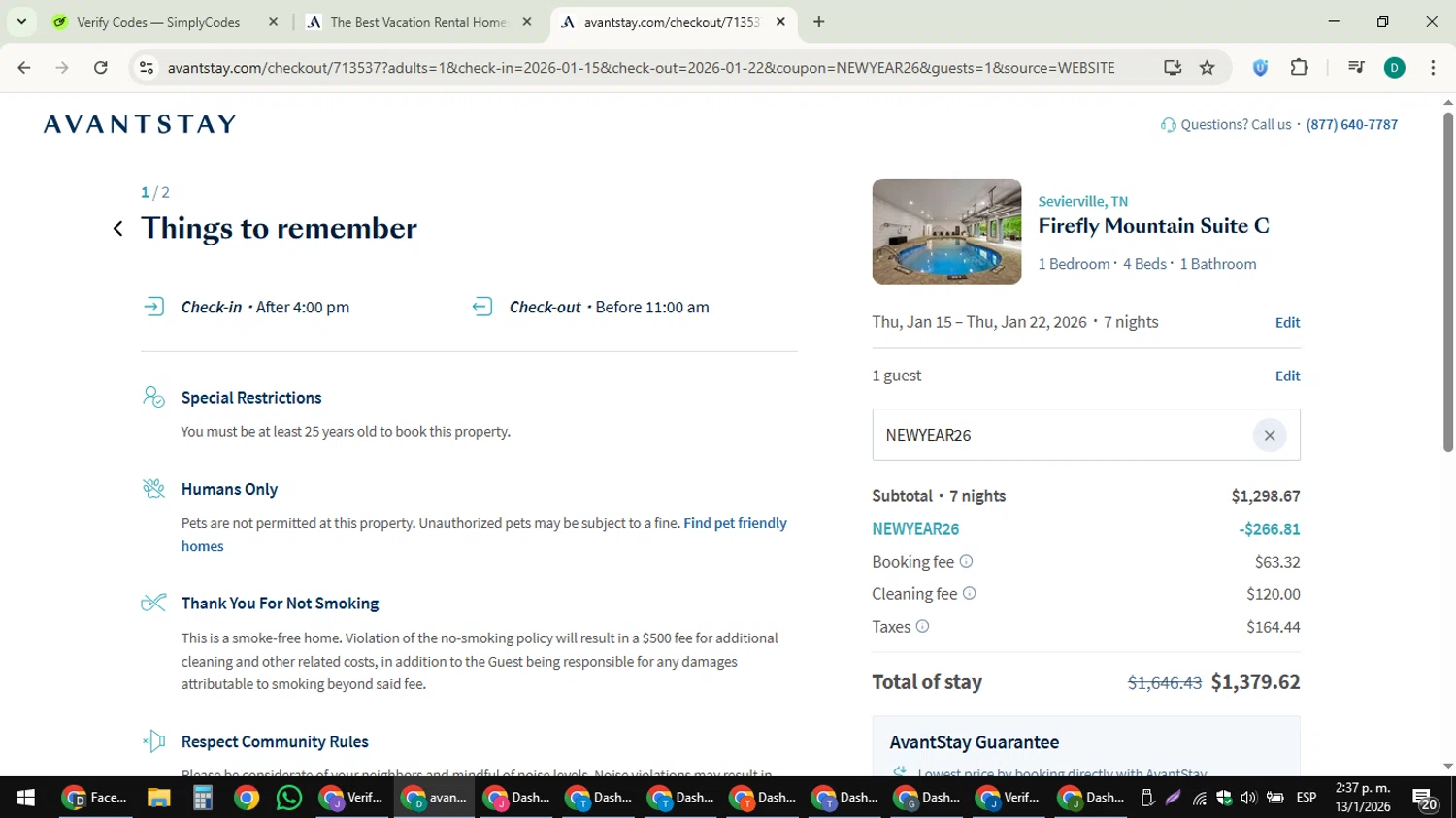 AvantStay checkout page showing AvantStay discount code box | Screenshot taken by SimplyCodes community member on Jan 13, 2026