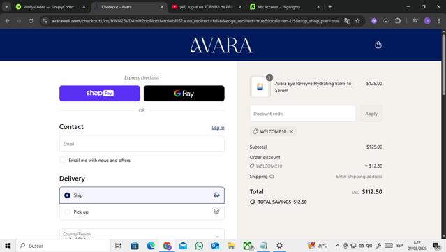 Avara checkout page showing Avara discount code box | Screenshot taken by SimplyCodes community member on Aug 21, 2025