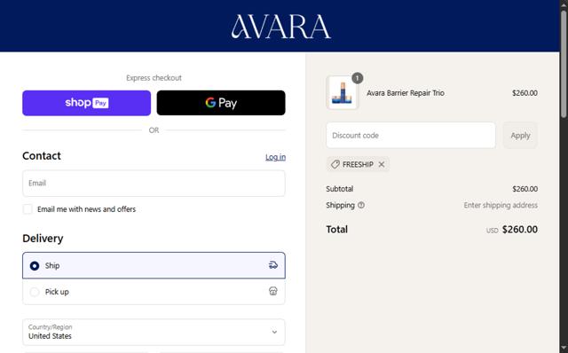 Avara checkout page showing Avara discount code box | Screenshot taken by SimplyCodes community member on Aug 8, 2025