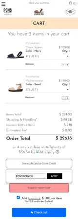 Avarcas USA coupon verification screenshot