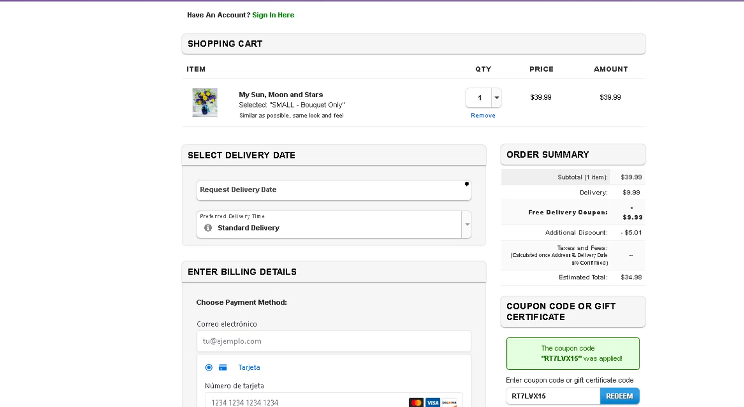 Avas Flowers promo code screenshot showing code RT7LVX15 applied at Avas Flowers checkout page. Uploaded by SimplyCodes community member beatrizcastillo on Jun 3, 2026