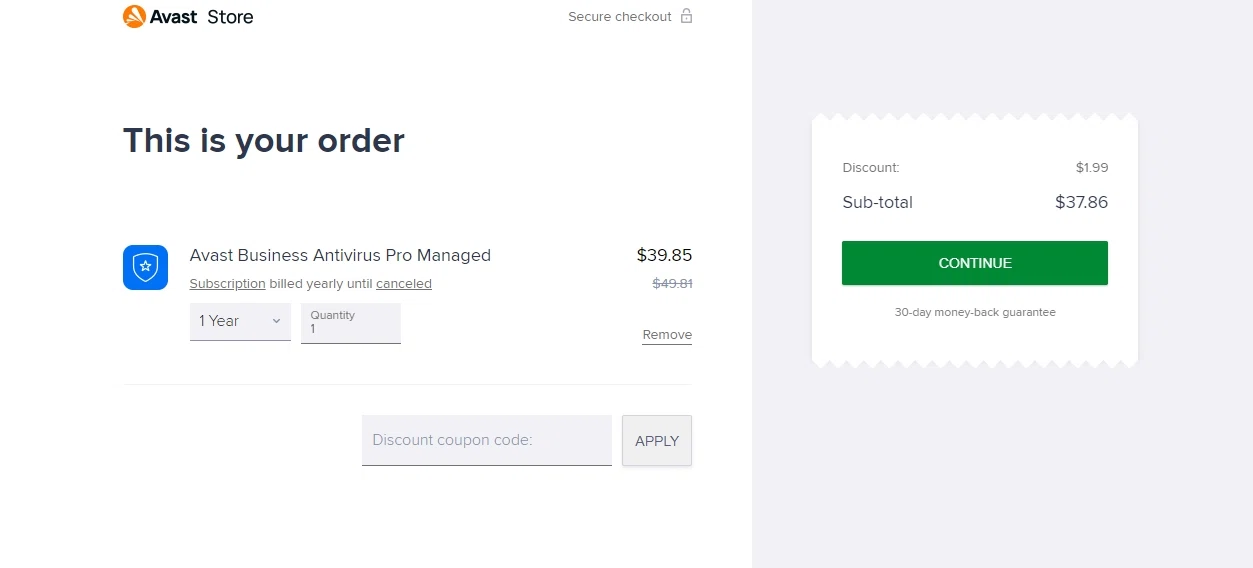 Avast checkout page showing Avast coupon code box | Screenshot taken by SimplyCodes community member on May 28, 2023