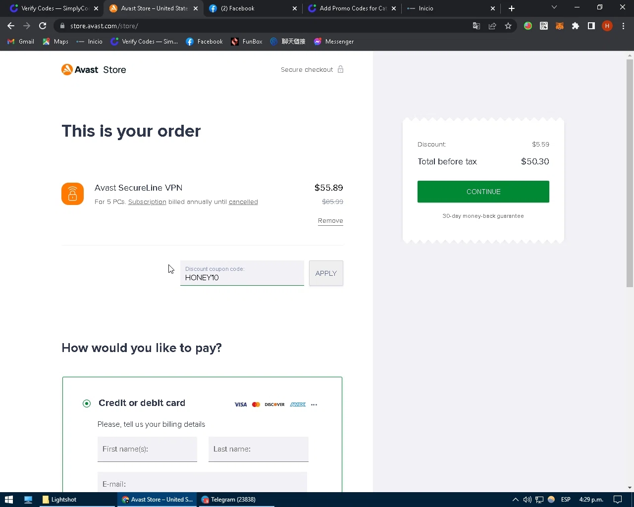 Avast checkout page showing Avast coupon code box | Screenshot taken by SimplyCodes community member on May 4, 2022
