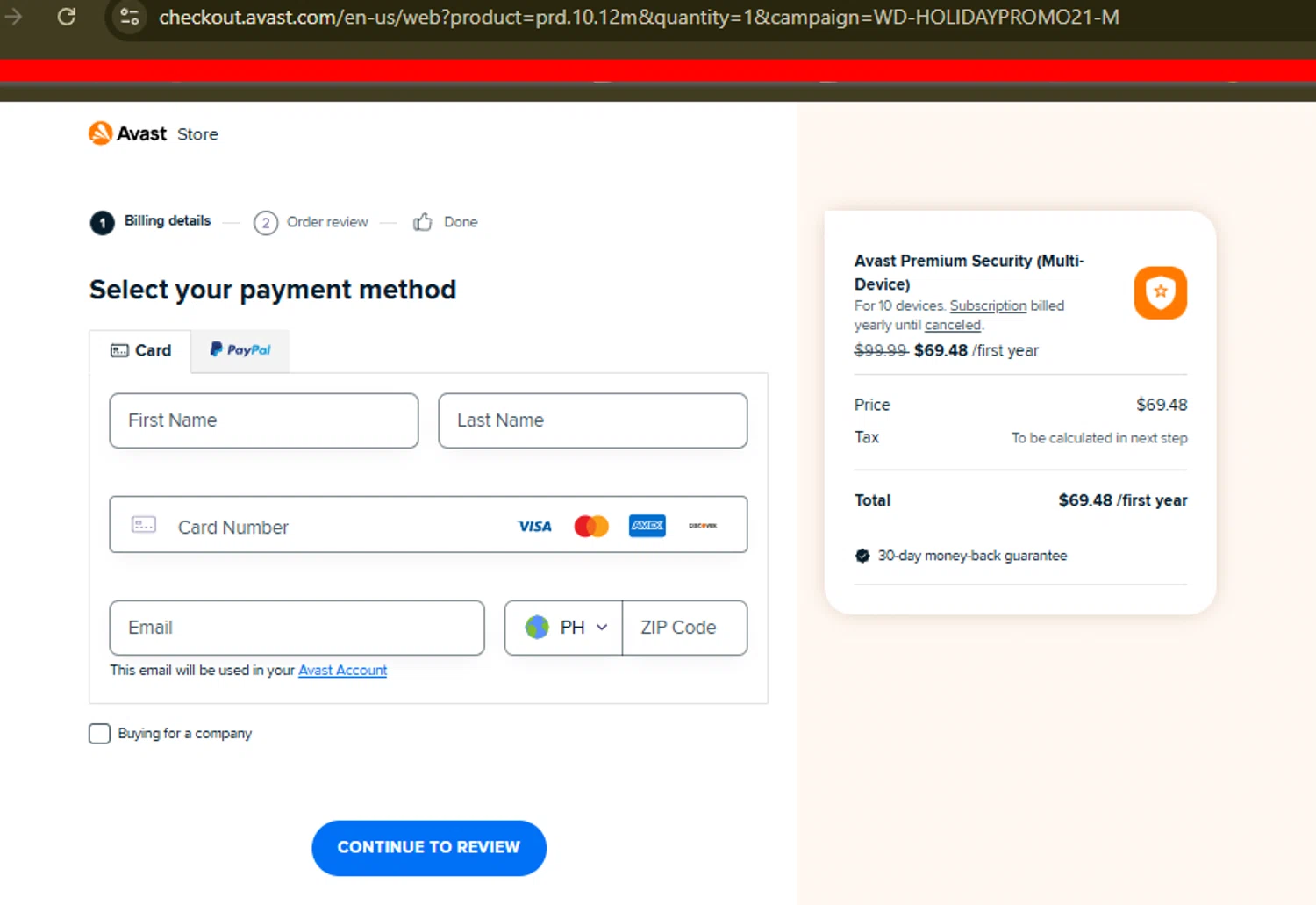 Avast coupon code screenshot showing code WD-HOLIDAYPROMO21 applied at Avast checkout page. Uploaded by SimplyCodes community member SimplyCVerlie on May 15, 2025