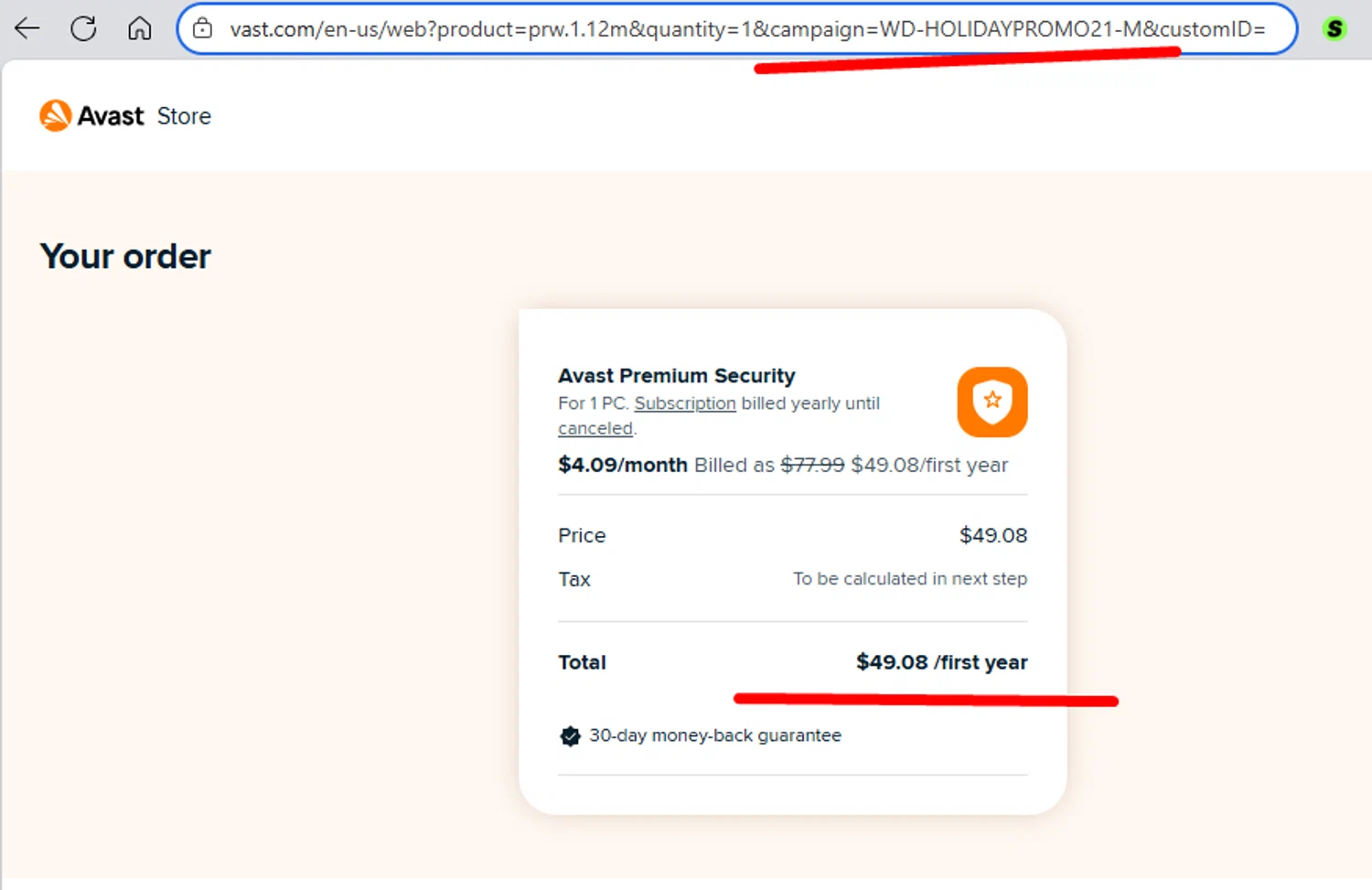 Avast coupon code screenshot showing code WD-HOLIDAYPROMO21-M applied at Avast checkout page. Uploaded by SimplyCodes community member paola49520 on Aug 26, 2025