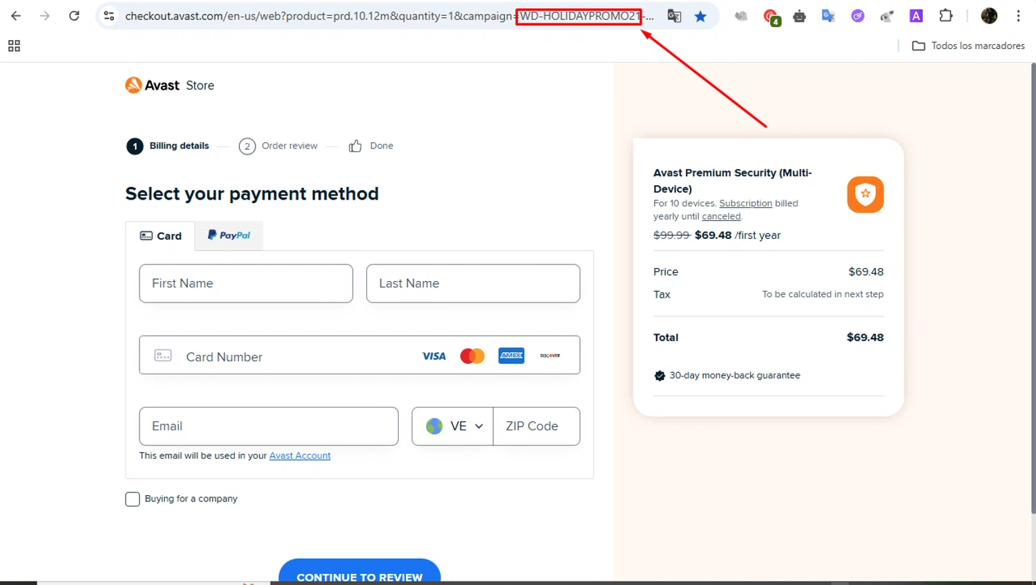Avast coupon code screenshot showing code WD-HOLIDAYPROMO21 applied at Avast checkout page. Uploaded by SimplyCodes community member jorvitjose on May 11, 2025