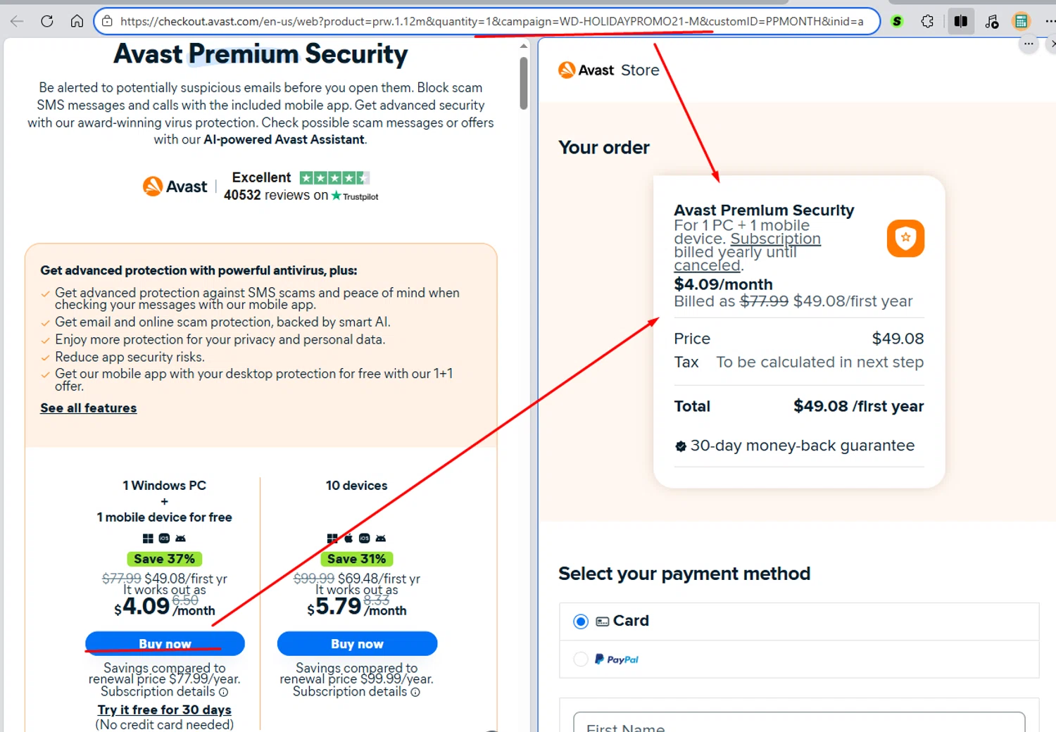 Avast coupon code screenshot showing code WD-HOLIDAYPROMO21-M applied at Avast checkout page. Uploaded by SimplyCodes community member paola49520 on Feb 17, 2026