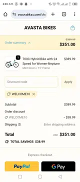 WELCOME10 coupon verification screenshot