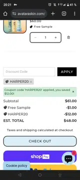 HARPER20 coupon verification screenshot