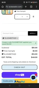ELIZABETH20 coupon verification screenshot