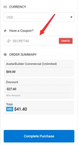 SECRET40 coupon verification screenshot