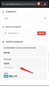 Secret10 coupon verification screenshot