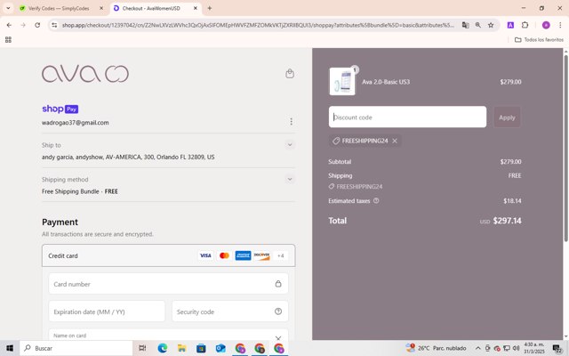 Ava Women checkout page showing Ava Women promo code box | Screenshot taken by SimplyCodes community member on Mar 31, 2025