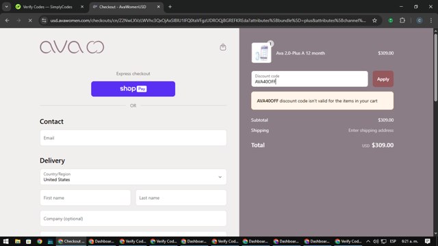 Ava Women checkout page showing Ava Women promo code box | Screenshot taken by SimplyCodes community member on Mar 17, 2025