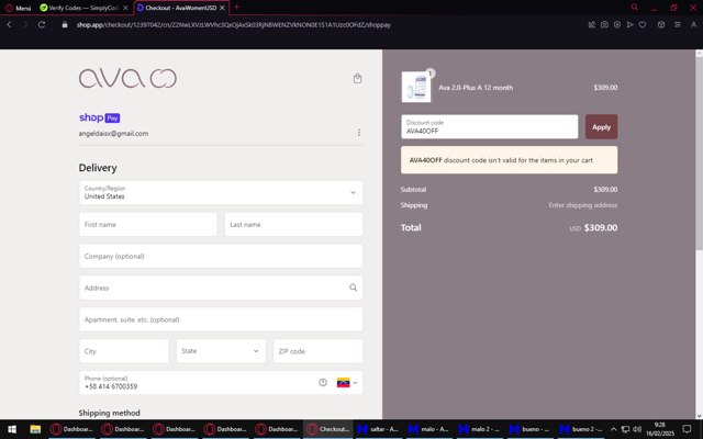 Ava Women checkout page showing Ava Women promo code box | Screenshot taken by SimplyCodes community member on Feb 16, 2025