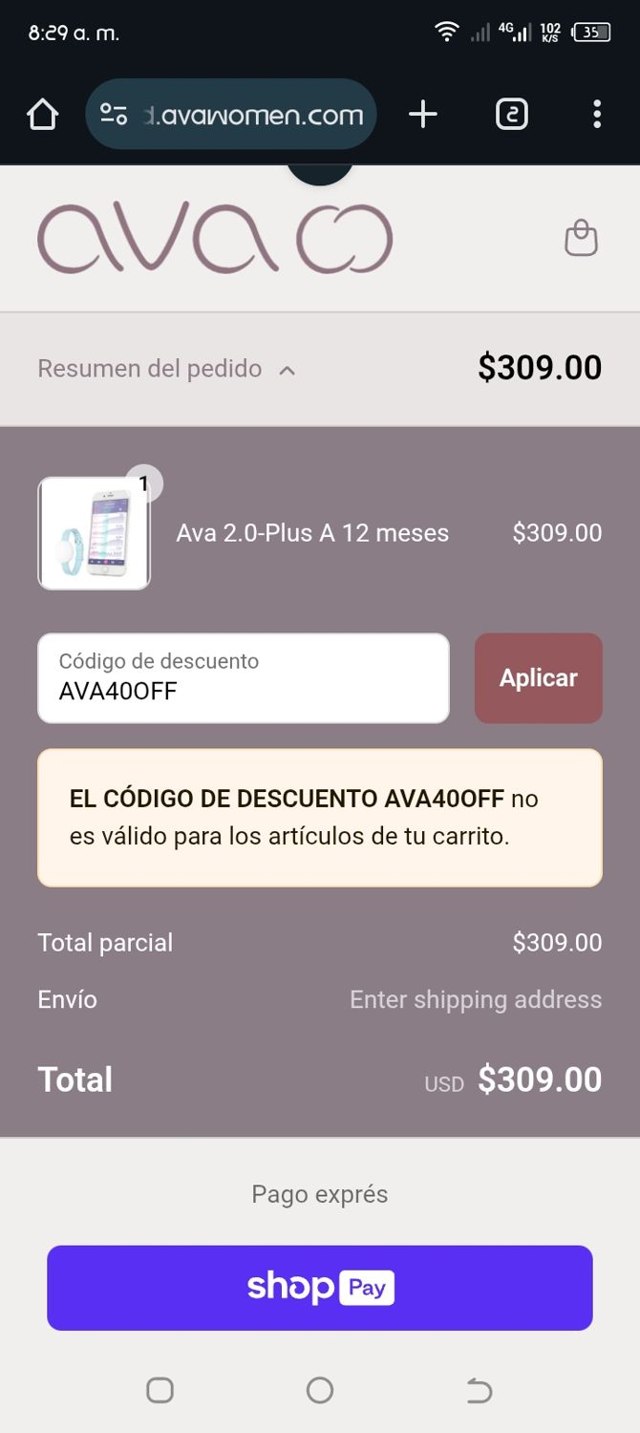 Ava Women checkout page showing Ava Women promo code box | Screenshot taken by SimplyCodes community member on May 14, 2025