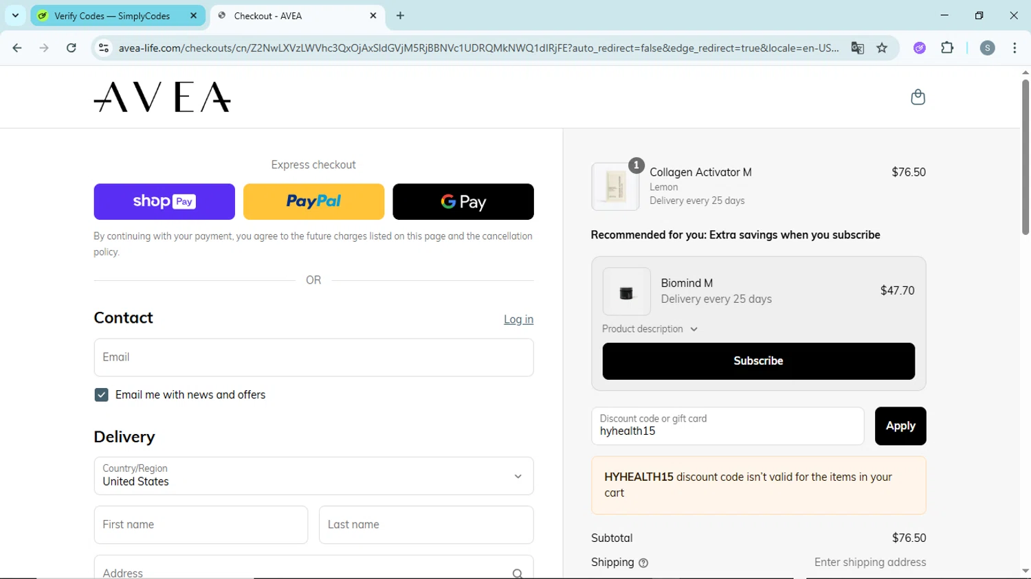 AVEA promo code screenshot showing code hyhealth15 applied at AVEA checkout page. Uploaded by SimplyCodes community member EpicScholar6418 on May 30, 2025
