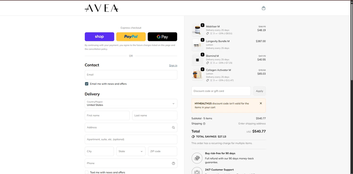 AVEA promo code screenshot showing code hyhealth15 applied at AVEA checkout page. Uploaded by SimplyCodes community member ValueGenius9720 on Dec 20, 2025