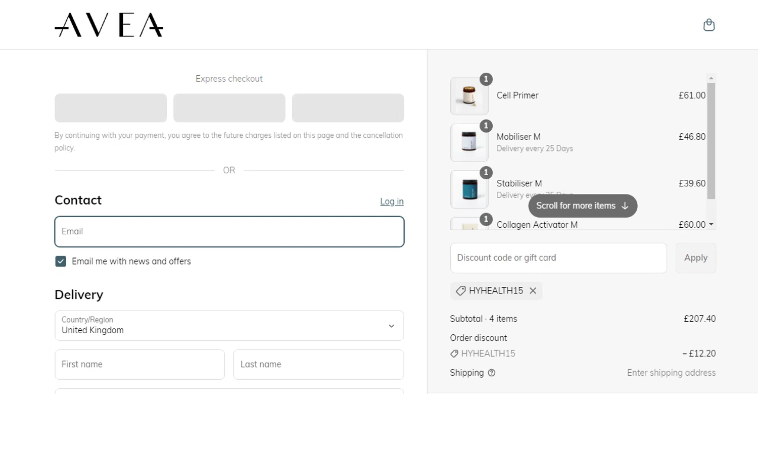 AVEA promo code screenshot showing code hyhealth15 applied at AVEA checkout page. Uploaded by SimplyCodes community member oliveririarte on Apr 9, 2025
