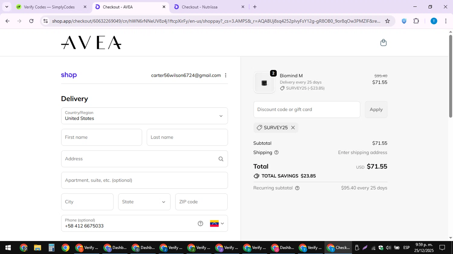 AVEA promo code screenshot showing code SURVEY25 applied at AVEA checkout page. Uploaded by SimplyCodes community member LuckyPioneer4530 on Dec 26, 2025