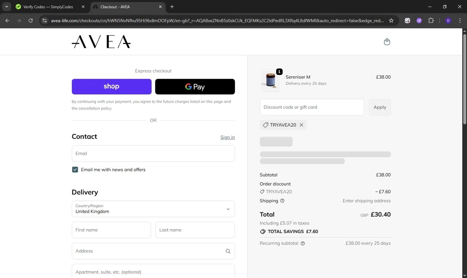AVEA promo code screenshot showing code TRYAVEA20 applied at AVEA checkout page. Uploaded by SimplyCodes community member Obito6245825041527 on Nov 17, 2025
