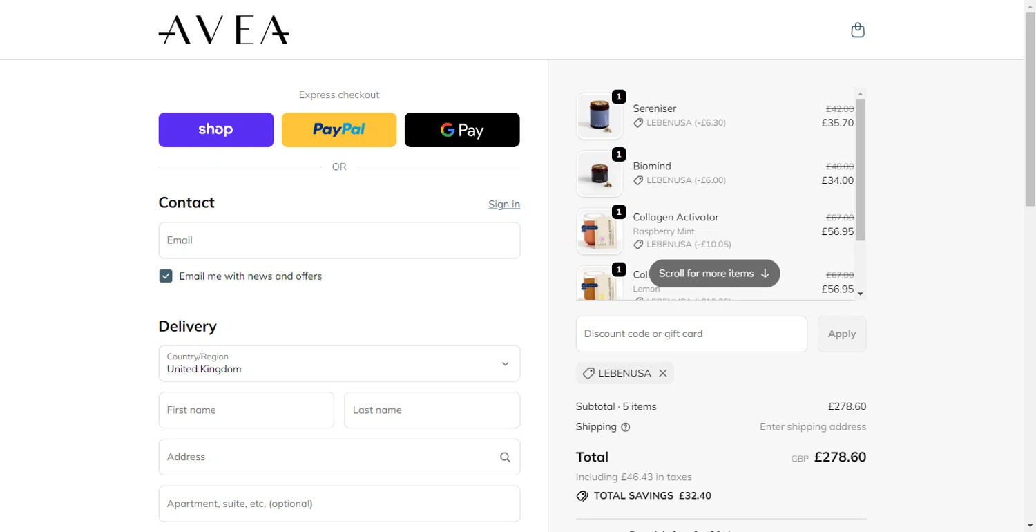 AVEA promo code screenshot showing code LEBENUSA applied at AVEA checkout page. Uploaded by SimplyCodes community member DiscountTracker247 on Dec 10, 2025