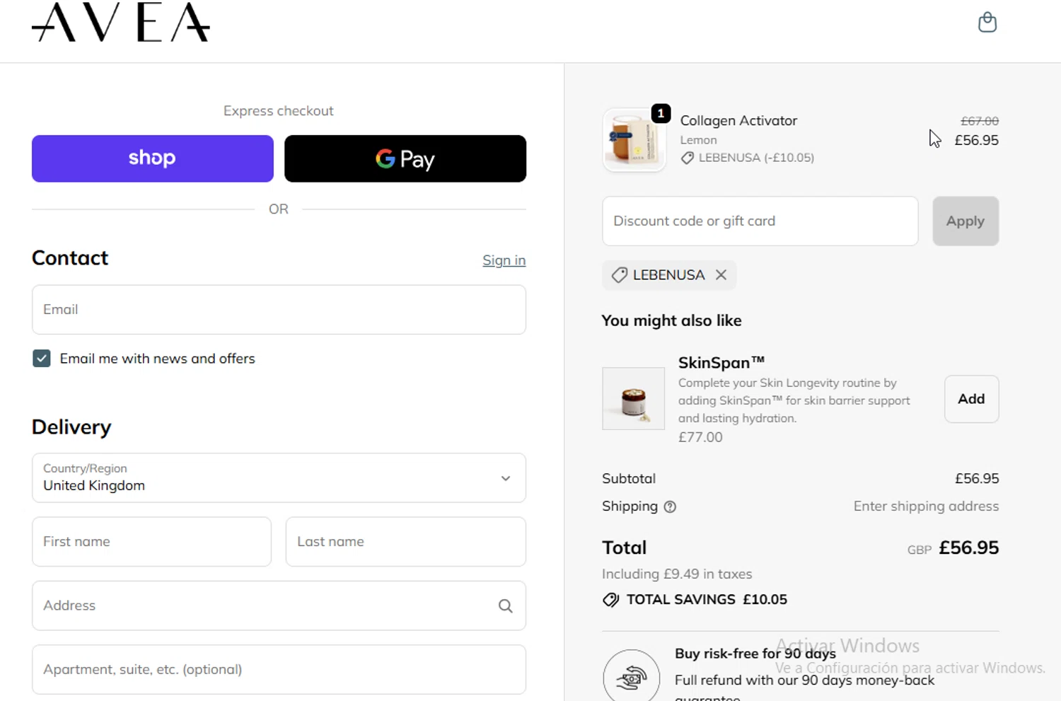 AVEA promo code screenshot showing code LEBENUSA applied at AVEA checkout page. Uploaded by SimplyCodes community member WonderW on Nov 17, 2025