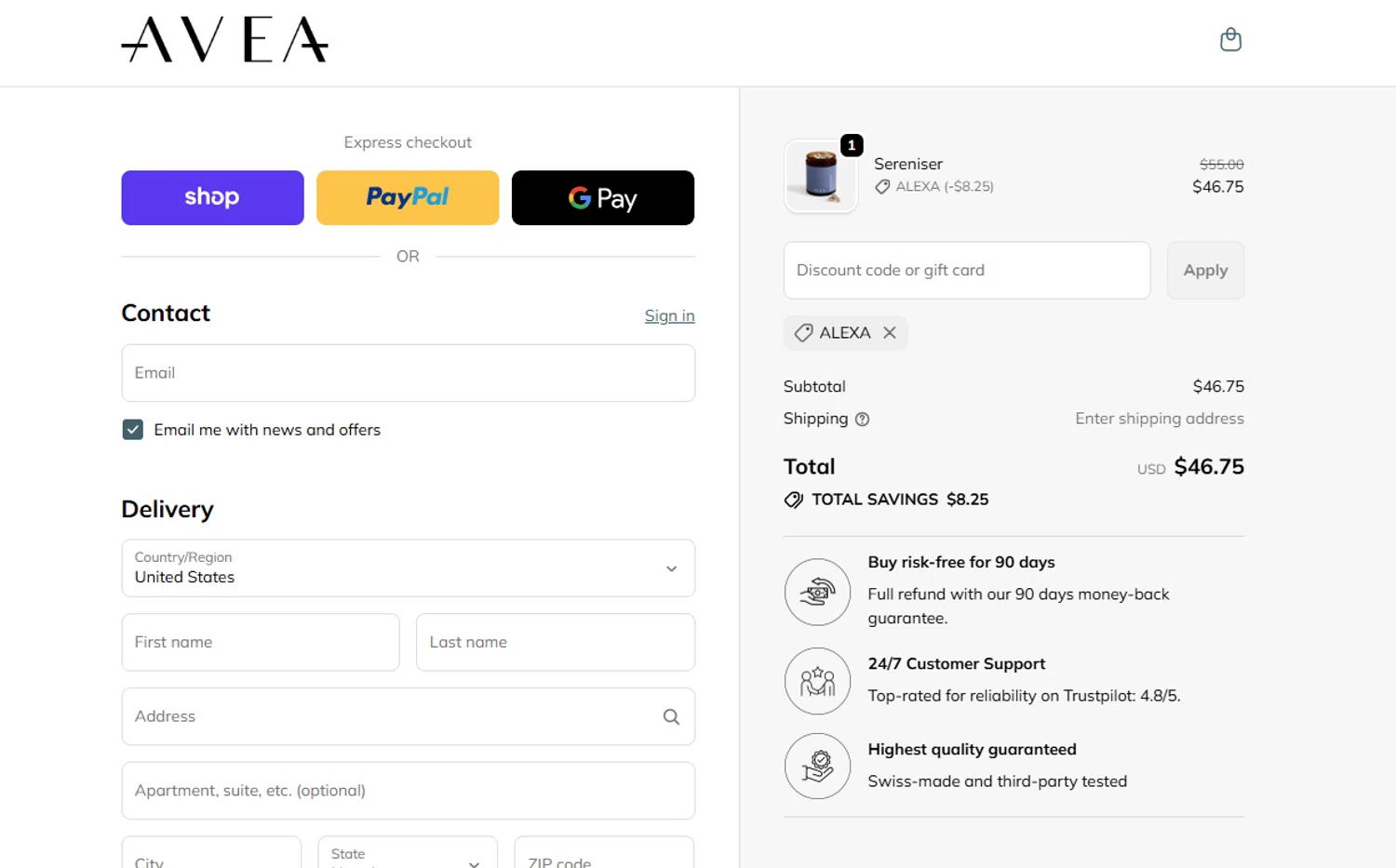 AVEA promo code screenshot showing code ALEXA applied at AVEA checkout page. Uploaded by SimplyCodes community member BargainPilot9399 on Dec 5, 2025