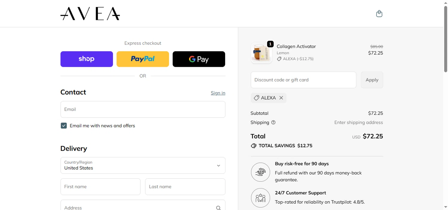 AVEA promo code screenshot showing code ALEXA applied at AVEA checkout page. Uploaded by SimplyCodes community member BrilliantTracker4309 on Dec 5, 2025