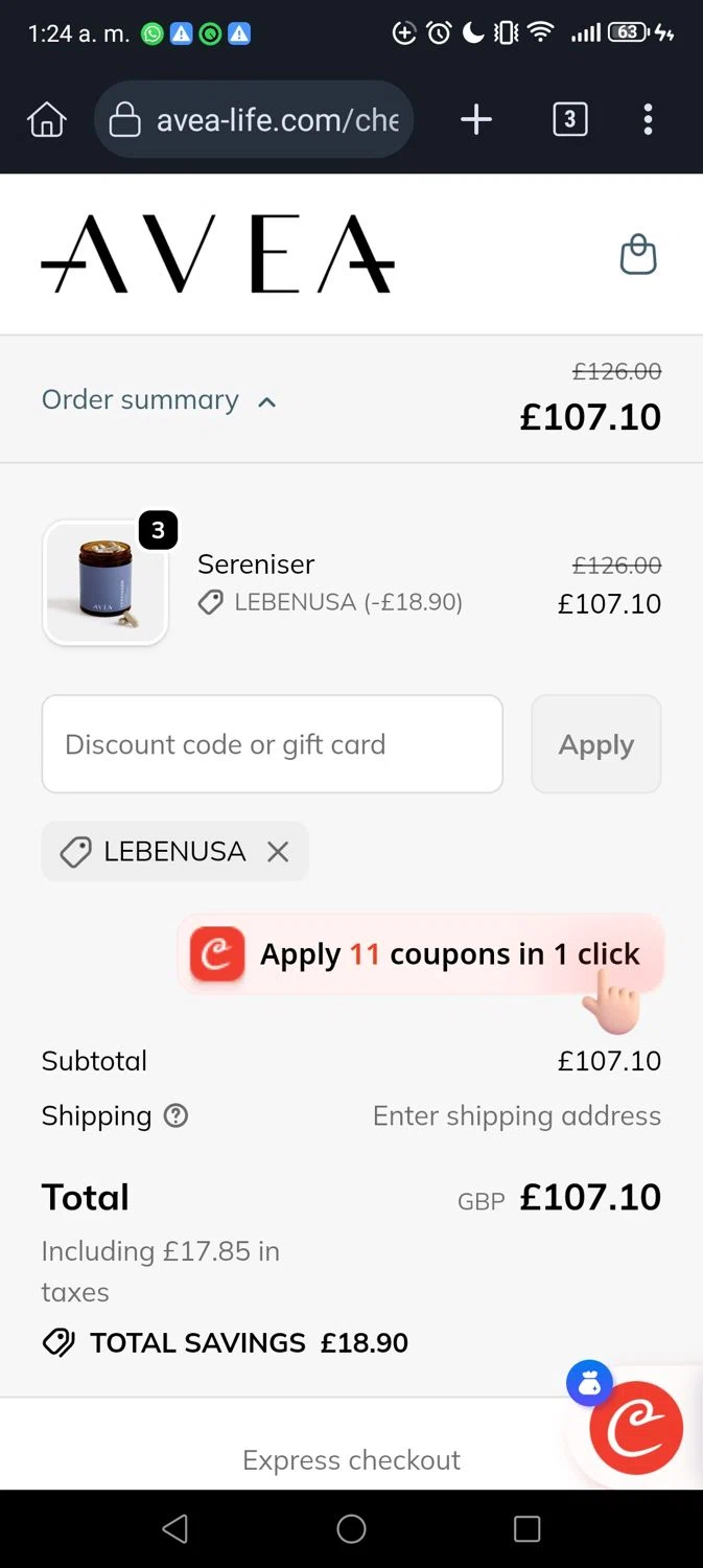 AVEA promo code screenshot showing code LEBENUSA applied at AVEA checkout page. Uploaded by SimplyCodes community member Madurocupones on Nov 17, 2025