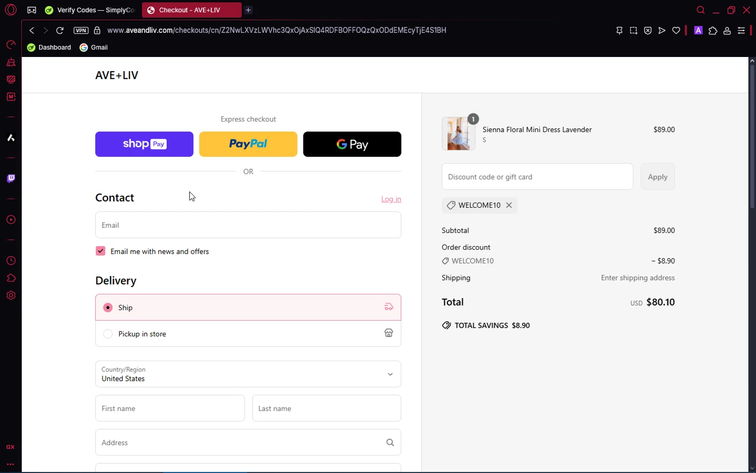 Ave and Liv promo code screenshot showing code WELCOME10 applied at Ave and Liv checkout page. Uploaded by SimplyCodes community member ShrewdPioneer2612 on May 2, 2025