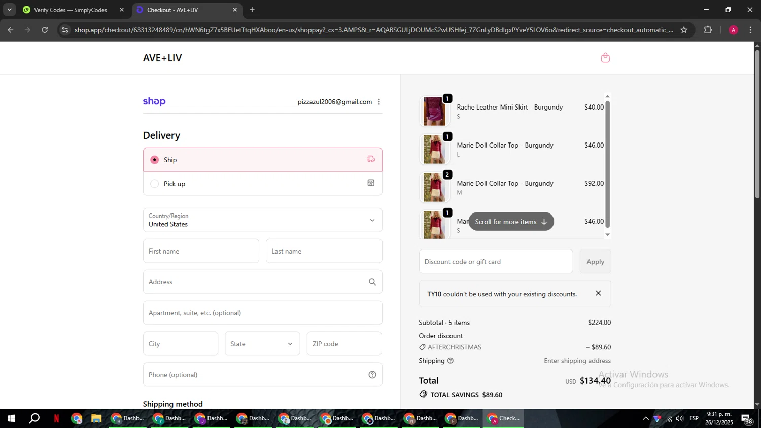 Ave and Liv promo code screenshot showing code TY10 applied at Ave and Liv checkout page. Uploaded by SimplyCodes community member BMWGS1200 on Dec 27, 2025