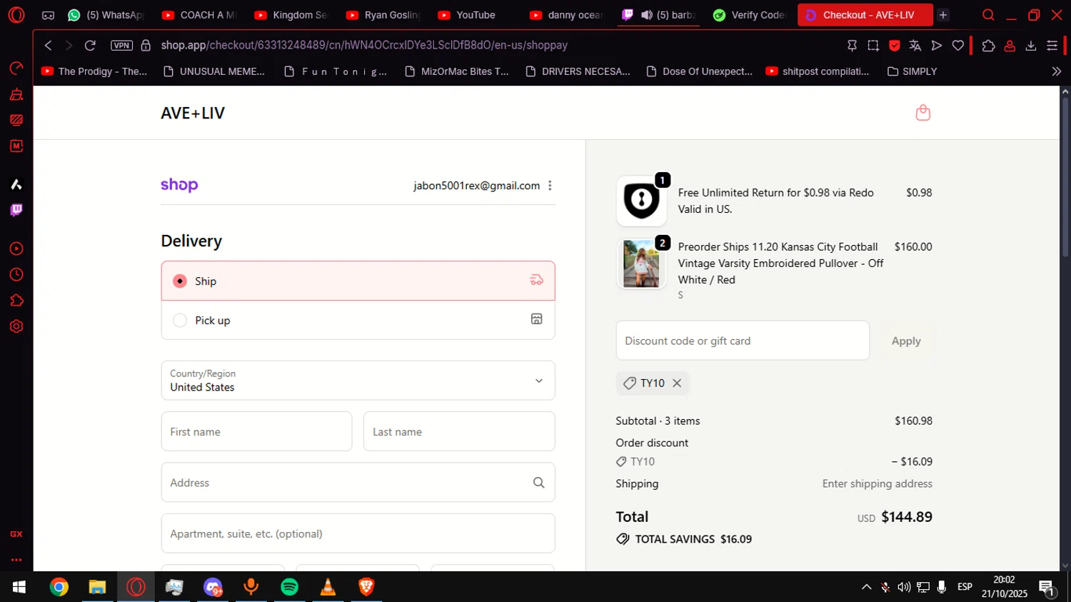 Ave and Liv promo code screenshot showing code TY10 applied at Ave and Liv checkout page. Uploaded by SimplyCodes community member Helpme on Oct 22, 2025