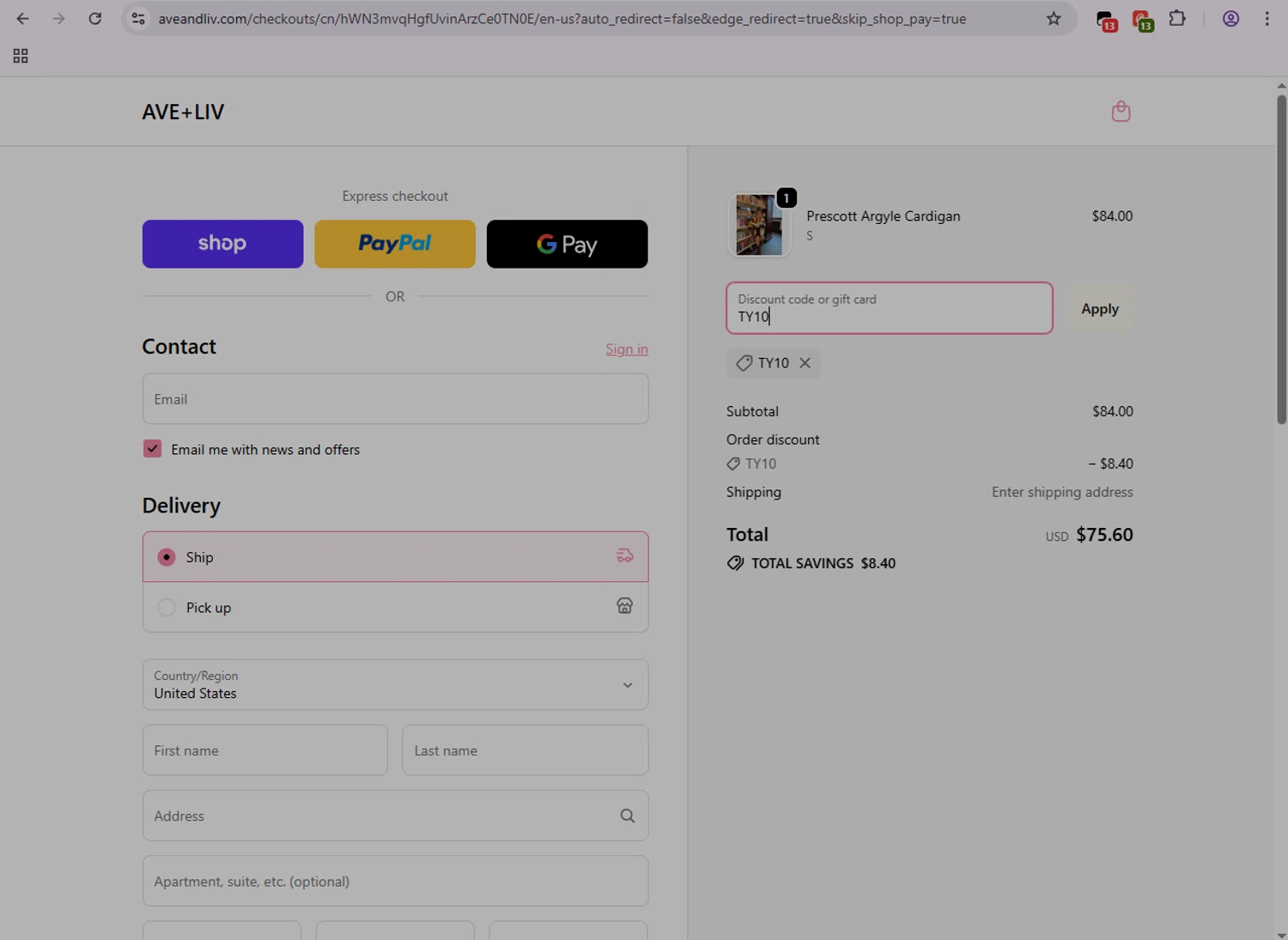 Ave and Liv promo code screenshot showing code TY10 applied at Ave and Liv checkout page. Uploaded by SimplyCodes community member SmartPilot7926 on Oct 6, 2025