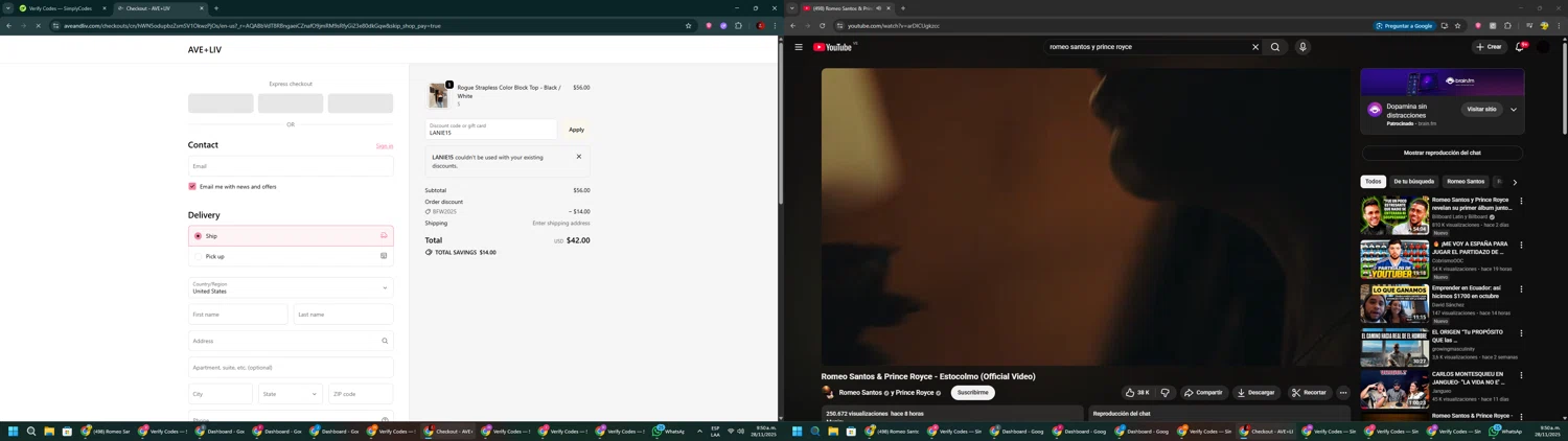 Ave and Liv promo code screenshot showing code LANIE15 applied at Ave and Liv checkout page. Uploaded by SimplyCodes community member BrilliantSaver7516 on Nov 28, 2025