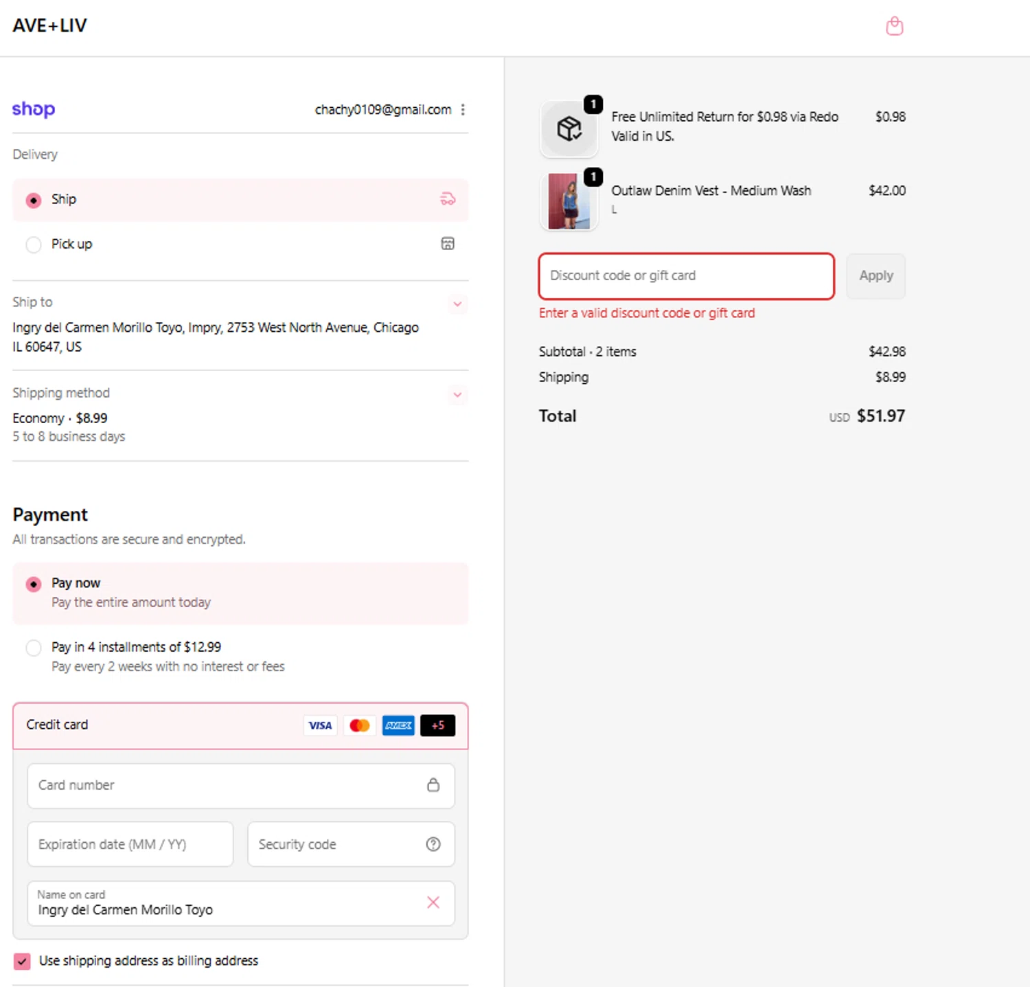 Ave and Liv promo code screenshot showing code PREBF applied at Ave and Liv checkout page. Uploaded by SimplyCodes community member BrilliantRanger2465 on Nov 23, 2025