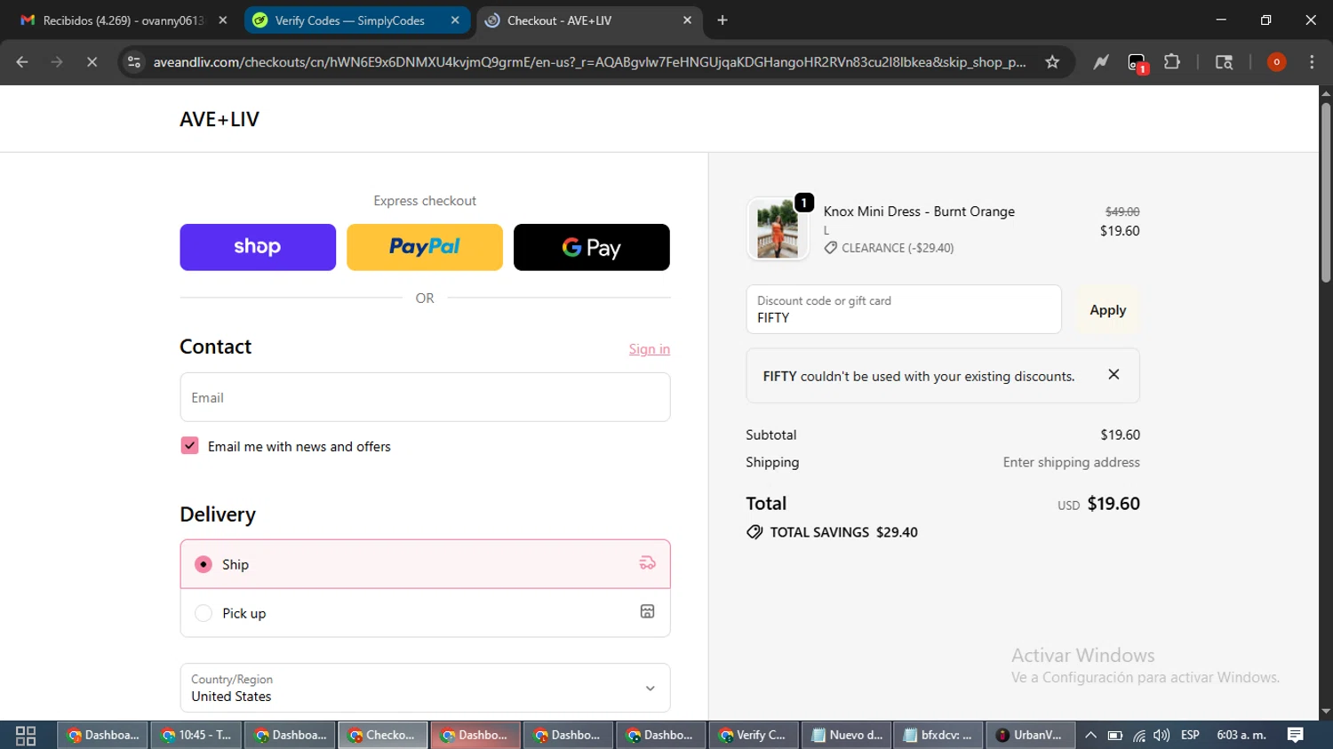 Ave and Liv promo code screenshot showing code FIFTY applied at Ave and Liv checkout page. Uploaded by SimplyCodes community member WiseTracker2171 on Dec 9, 2025