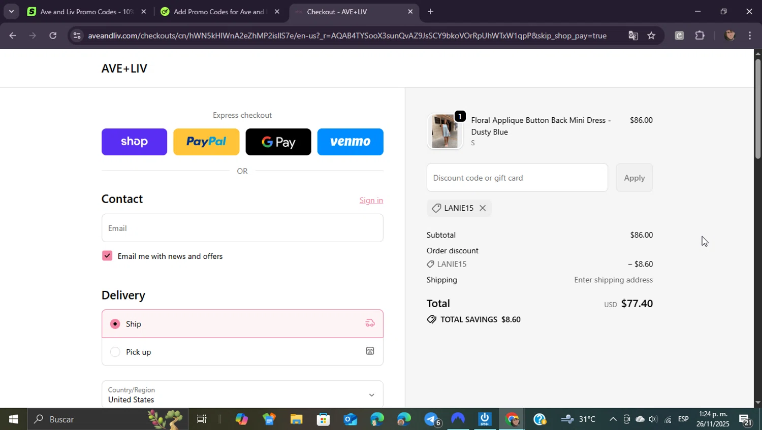 Ave and Liv promo code screenshot showing code LANIE15 applied at Ave and Liv checkout page. Uploaded by SimplyCodes community member ShieldEagle9436 on Nov 26, 2025