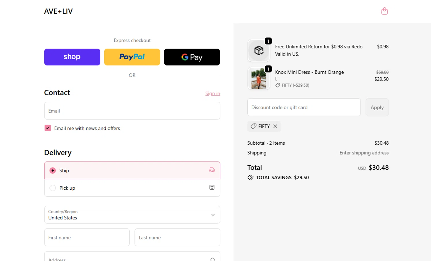 Ave and Liv promo code screenshot showing code FIFTY applied at Ave and Liv checkout page. Uploaded by SimplyCodes community member ylenisjordan on Nov 19, 2025
