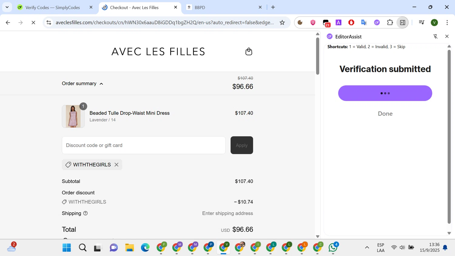 Avec Les Filles promo code screenshot showing code WITHTHEGIRLS applied at Avec Les Filles checkout page. Uploaded by SimplyCodes community member SilverCollector8265 on Sep 15, 2025