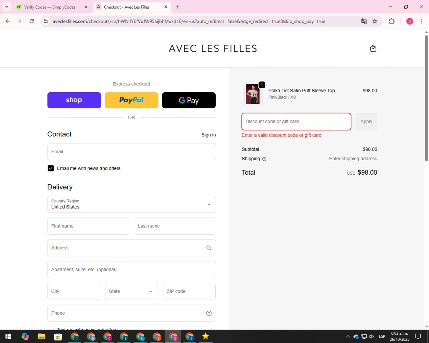 Avec Les Filles promo code screenshot showing code FREESHIPPING applied at Avec Les Filles checkout page. Uploaded by SimplyCodes community member 00000056 on Oct 26, 2025