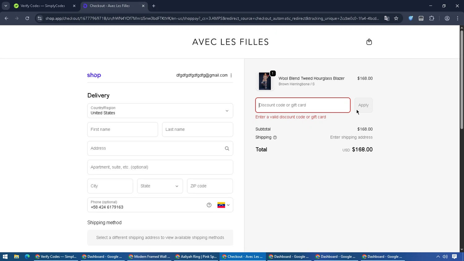 Avec Les Filles promo code screenshot showing code FREESHIPPING applied at Avec Les Filles checkout page. Uploaded by SimplyCodes community member MoneyPilot9165 on Oct 26, 2025