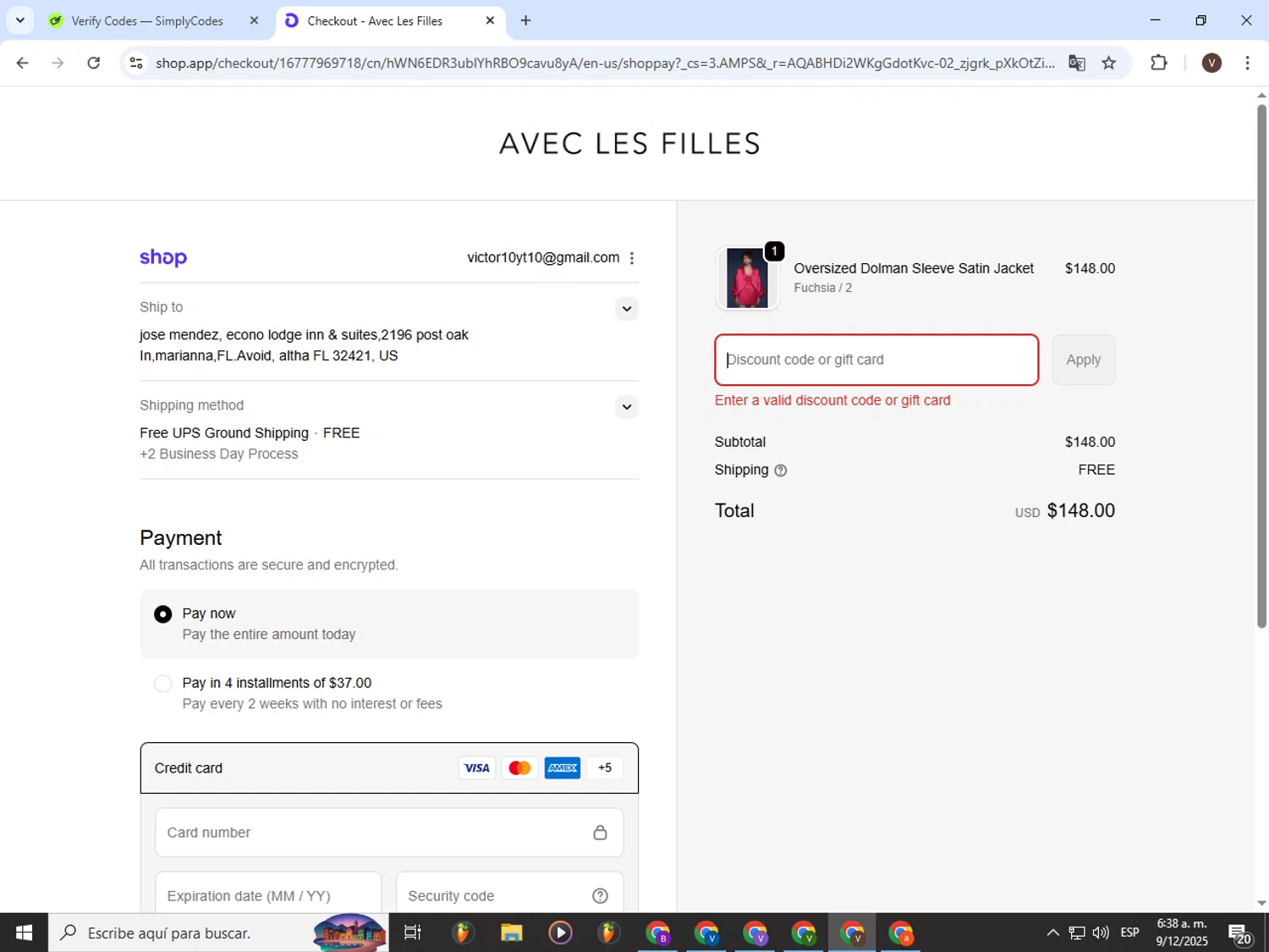 Avec Les Filles promo code screenshot showing code Kensey10 applied at Avec Les Filles checkout page. Uploaded by SimplyCodes community member CashLion3448 on Dec 9, 2025