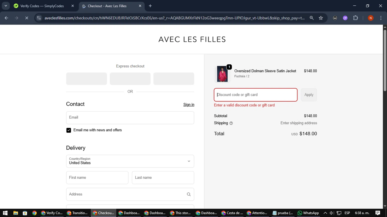 Avec Les Filles promo code screenshot showing code Kensey10 applied at Avec Les Filles checkout page. Uploaded by SimplyCodes community member MagnificentScout194 on Dec 9, 2025