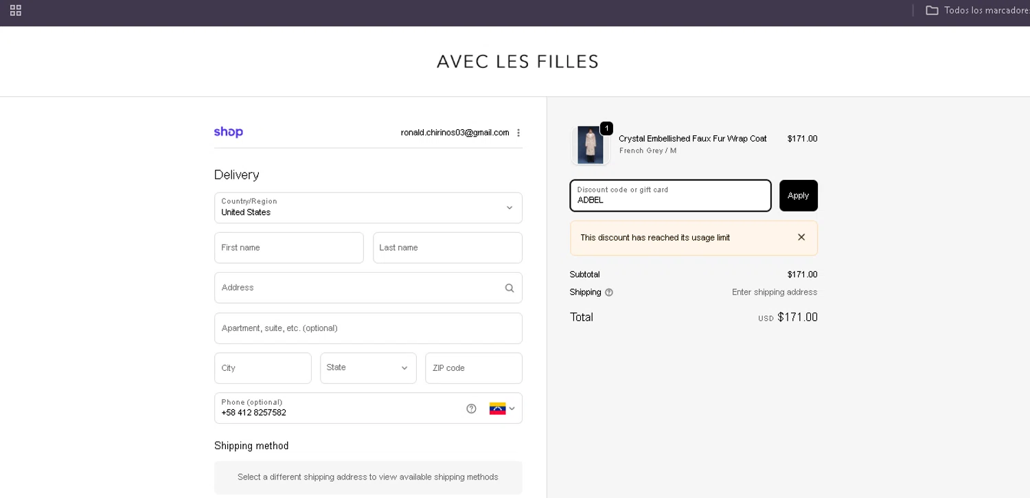 Avec Les Filles promo code screenshot showing code ADBEL applied at Avec Les Filles checkout page. Uploaded by SimplyCodes community member Egni_149037891 on Dec 22, 2025
