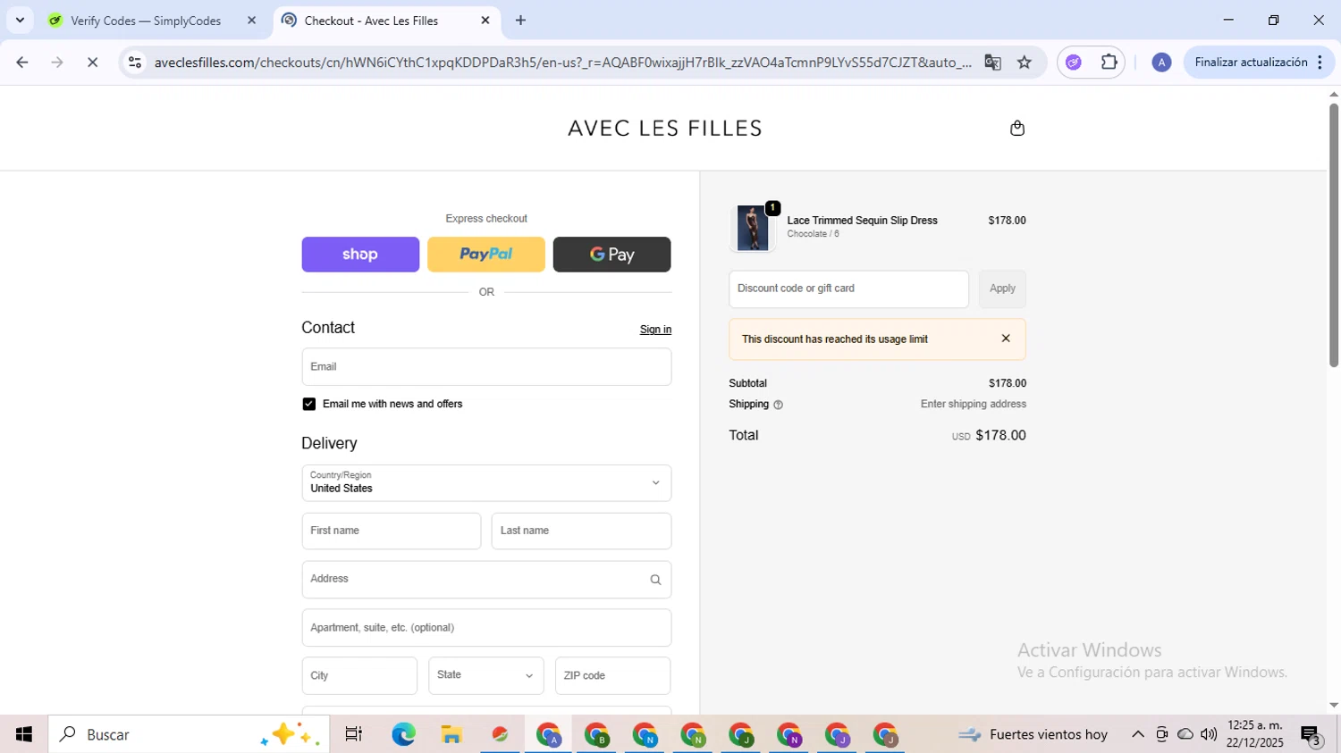 Avec Les Filles promo code screenshot showing code ADBEL applied at Avec Les Filles checkout page. Uploaded by SimplyCodes community member TreasureCaptain5531 on Dec 22, 2025