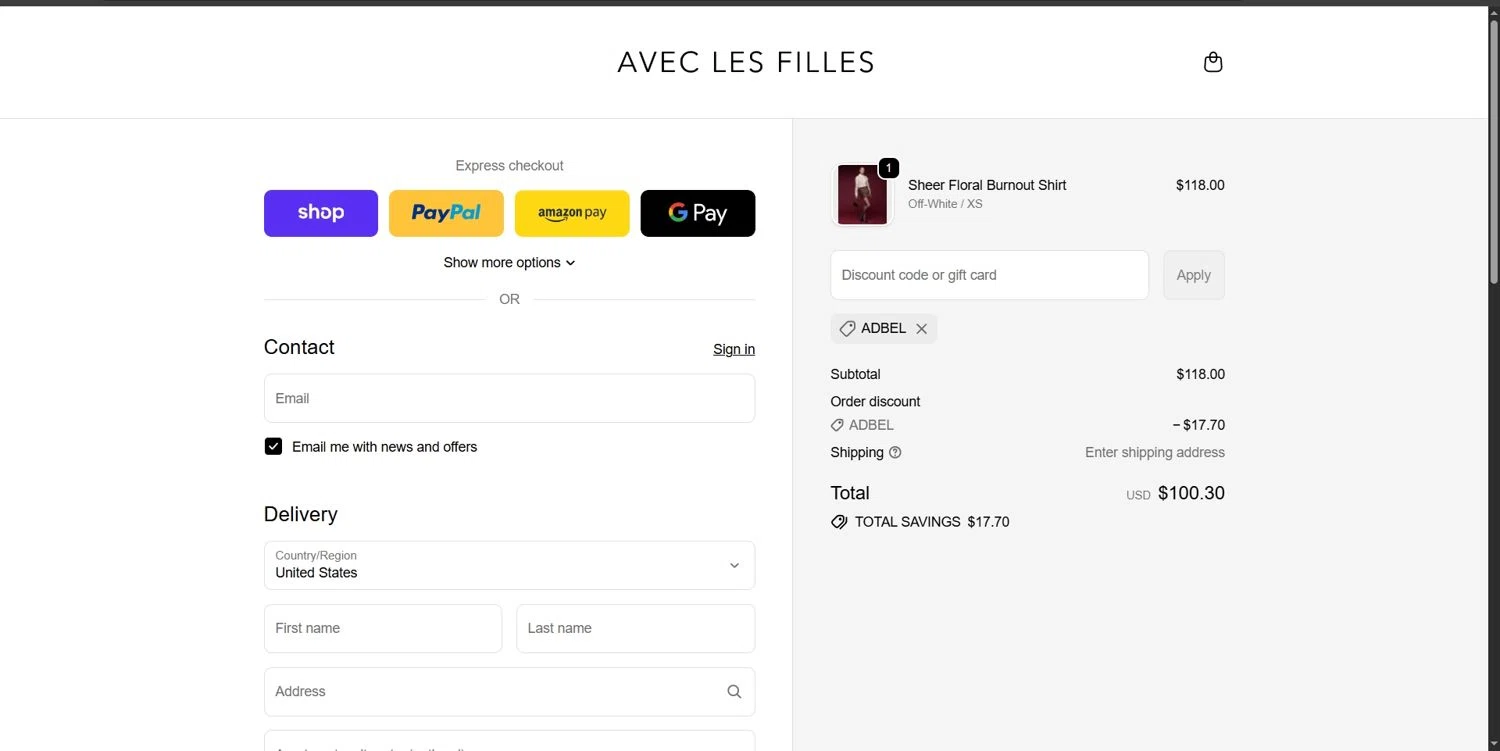Avec Les Filles promo code screenshot showing code ADBEL applied at Avec Les Filles checkout page. Uploaded by SimplyCodes community member Depressive on Dec 12, 2025