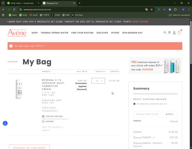 Avene checkout page showing Avene discount code box | Screenshot taken by SimplyCodes community member on Aug 26, 2025