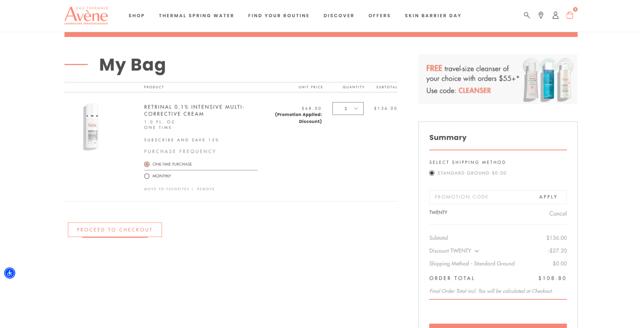 Avene checkout page showing Avene discount code box | Screenshot taken by SimplyCodes community member on Aug 26, 2025