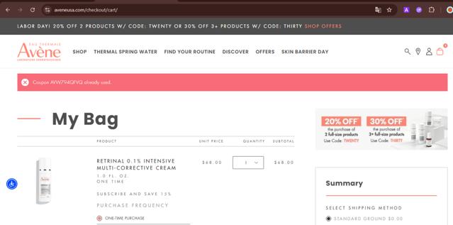 Avene checkout page showing Avene discount code box | Screenshot taken by SimplyCodes community member on Sep 1, 2025